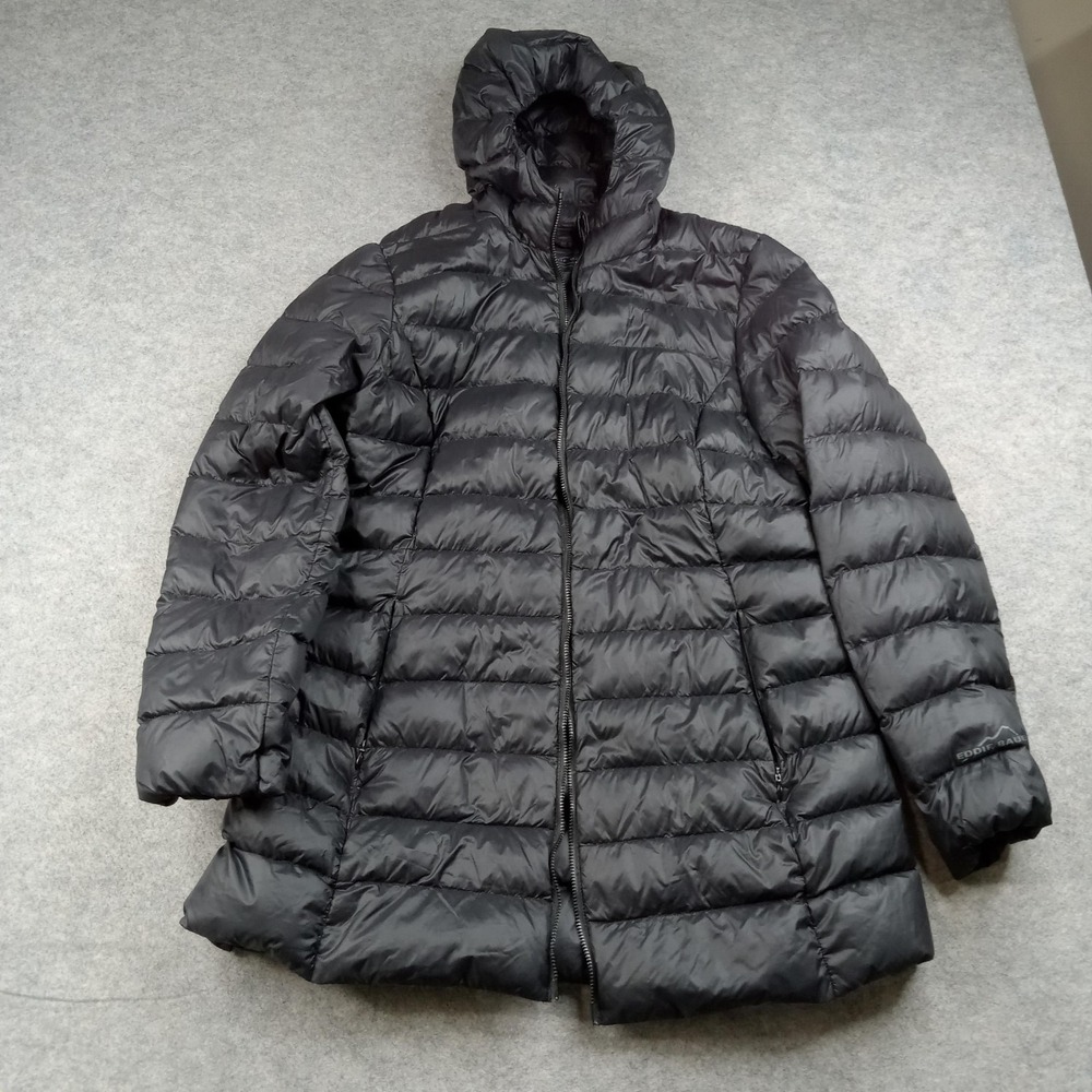 Eddie Bauer Coat Womens Large Black Hooded‎ Down Mid Length Puffer Zip Jacket